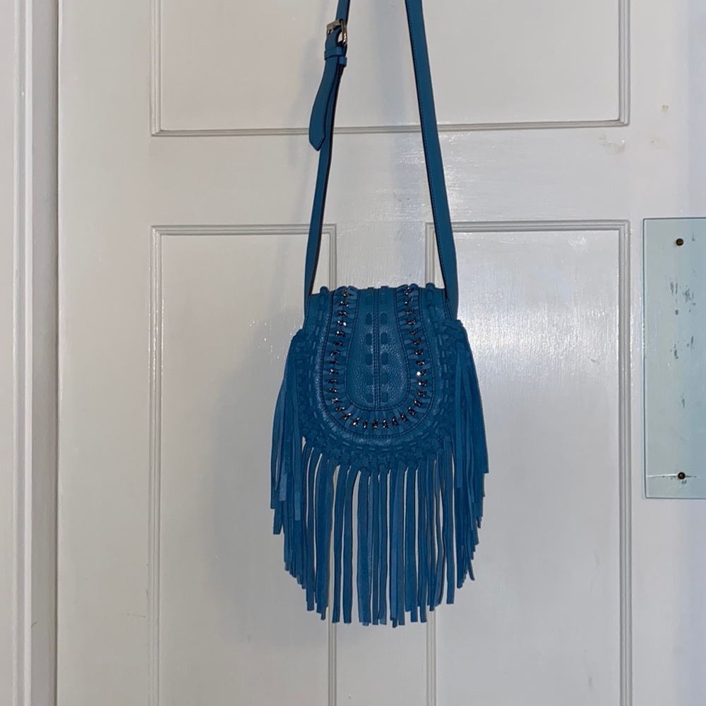 Aimee Kestenberg Fringed Saddle Bag Genny Crossbody Purse Blue
